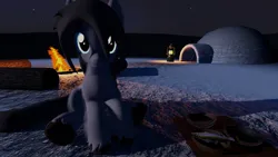 Size: 1920x1080 | Tagged: safe, anonymous artist, ponerpics import, oc, oc:frosty flakes, unofficial characters only, pony, taiga pony, 3d, campfire, female, igloo, image, jpeg, lantern, log, looking at you, mare, night, outdoors, sitting, snow, solo, virtual reality