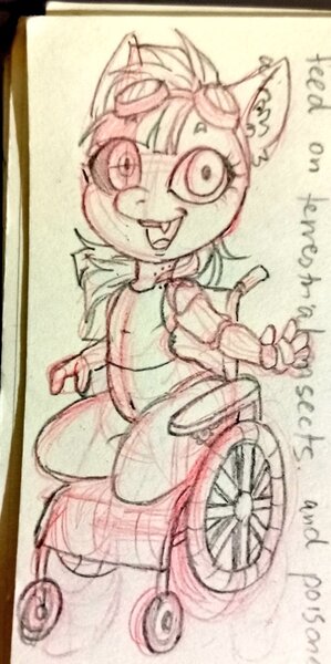 Size: 511x1024 | Tagged: safe, artist:natt333, derpibooru import, oc, oc:rusty gear, anthro, earth pony, chibi, image, jpeg, sketch, traditional art, wheelchair