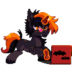 Size: 640x640 | Tagged: safe, artist:hikkage, derpibooru import, oc, oc:hijinx, unofficial characters only, bat pony, pony, unicorn, animated, computer, ear fluff, fangs, freckles, gif, glasses, horn, image, magic, nonbinary, pixel art, solo, tablet, telekinesis
