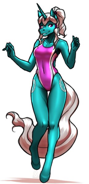 Size: 1452x3000 | Tagged: safe, alternate version, artist:mykegreywolf, derpibooru import, oc, oc:seabreeze, unofficial characters only, anthro, unguligrade anthro, unicorn, abs, breasts, clothes, hips, image, jpeg, knees pressed together, looking at you, one-piece swimsuit, ponytail, simple background, smiling, solo, swimsuit, thigh gap, thighs, white background