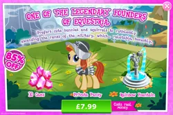 Size: 1956x1298 | Tagged: safe, derpibooru import, official, private pansy, pegasus, pony, advertisement, armor, bush, castles of equestria, costs real money, english, female, fountain, gameloft, gem, helmet, image, jpeg, mare, numbers, sale, show accurate, solo, solo focus, spread wings, text, wings