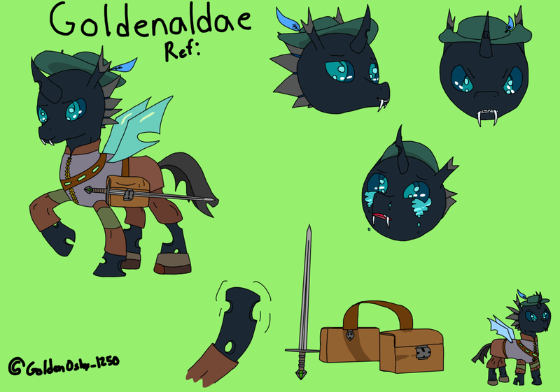 Size: 1177x825 | Tagged: safe, derpibooru import, changeling, adventurer, bag, changeling horn, changeling wings, chibi, crying face, facial expressions, feather, feather in hat, goldenaldae, green background, hat, horn, image, medieval, medieval uniform, png, reference sheet, saddle bag, simple background, smiling, sword, weapon, wings