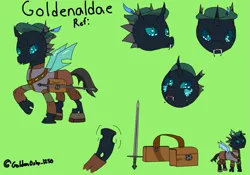 Size: 1177x825 | Tagged: safe, derpibooru import, changeling, adventurer, bag, changeling horn, changeling wings, chibi, crying face, facial expressions, feather, feather in hat, goldenaldae, green background, hat, horn, image, medieval, medieval uniform, png, reference sheet, saddle bag, simple background, smiling, sword, weapon, wings