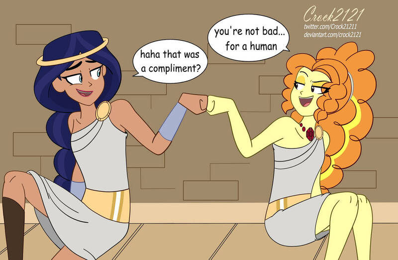 Size: 1106x722 | Tagged: safe, artist:crock2121, derpibooru import, adagio dazzle, human, equestria girls, amazon, amazonian, crossover, dc comics, dc superhero girls, dialogue, diana prince, duo, duo female, female, image, jpeg, scythian, wonder woman