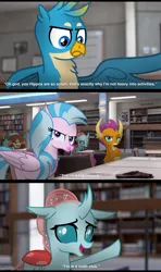 Size: 1920x3240 | Tagged: safe, derpibooru import, edit, edited screencap, screencap, vector edit, gallus, ocellus, silverstream, smolder, yona, changeling, dragon, gryphon, hippogriff, pony, yak, film grain, g4, image, irl, jpeg, library, movie reference, photo, ponies in real life, reference, subtitles, the breakfast club, vector
