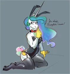 Size: 2679x2828 | Tagged: suggestive, artist:alumx, derpibooru import, princess celestia, alicorn, anthro, pony, unguligrade anthro, bowtie, breasts, bunny ears, bunny suit, bunnylestia, clothes, female, finger to mouth pose, garter straps, gray background, hand, image, jpeg, magic, magic hands, mare, simple background, socks, solo, stockings, thigh highs