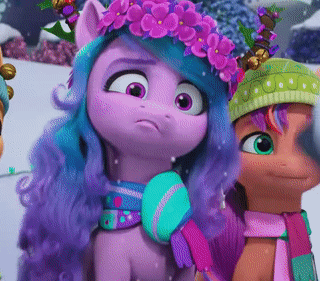 Size: 320x281 | Tagged: safe, derpibooru import, screencap, izzy moonbow, sunny starscout, earth pony, pony, unicorn, spoiler:g5, spoiler:winter wishday, alphabittle blossomforth, animated, clothes, cropped, female, floral head wreath, flower, g5, gif, hat, image, male, mare, scarf, snow, snowfall, winter hat, winter wishday