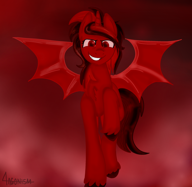 Size: 2016x1960 | Tagged: safe, artist:4agonism, derpibooru import, oc, oc:ravanna, alicorn, bat pony, pony, fanfic:the invasion, cloud, evil, evil grin, female, flying, grin, image, looking at you, mare, png, raised hoof, red eyes, red sky, smiling, solo, spread wings, unshorn fetlocks, wings