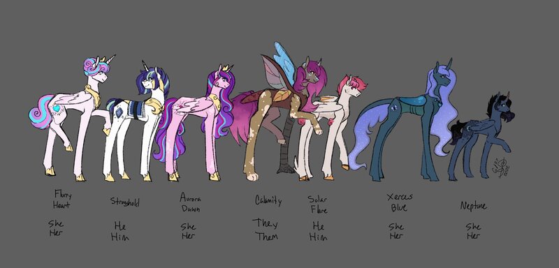 Size: 2048x983 | Tagged: safe, artist:adiwolfsong, derpibooru import, princess flurry heart, oc, oc:aurora dawn (adiwolfsong), oc:calamity (adiwolfsong), oc:neptune, oc:solar flare (adiwolfsong), oc:stronghold, oc:xerces blue, alicorn, changepony, hybrid, pegasus, pony, unicorn, female, gray background, image, interspecies offspring, jpeg, male, mare, next generation, offspring, older, older flurry heart, parent:discord, parent:king sombra, parent:princess cadance, parent:princess celestia, parent:princess luna, parent:shining armor, parent:thorax, parents:dislestia, parents:lumbra, parents:shiningcadance, parents:thuna, simple background, stallion, text