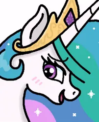 Size: 340x420 | Tagged: safe, artist:souponmars, derpibooru import, princess celestia, alicorn, pony, blushing, bust, image, jpeg, looking at you, looking back, looking back at you, open mouth, open smile, preview, simple background, smiling, smiling at you, solo, white background