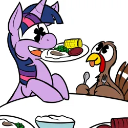 Size: 700x700 | Tagged: safe, artist:karpet-shark, banned from derpibooru, edit, editor:drtoughlove, twibooru exclusive, unauthorized edit, twilight sparkle, bird, pony, turkey, unicorn, corn, female, food, holiday, image, knife, mare, mashed potatoes, mouth hold, pea, png, potato, simple background, spoon, table, thanksgiving, unicorn twilight, wingless, wingless edit