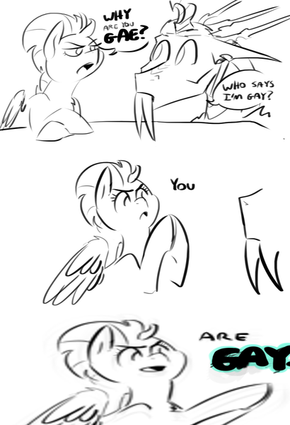 Size: 1110x1623 | Tagged: safe, artist:testostepone, derpibooru import, lightning dust, oc, oc:t'zzet, black and white, comic, dialogue, grayscale, image, monochrome, png, shitposting, simple background, white background