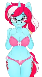 Size: 1980x3645 | Tagged: suggestive, artist:digiqrow, ponybooru import, oc, oc:sugar lace, unofficial characters only, semi-anthro, unicorn, belly button, both cutie marks, bra, chest fluff, clothes, female, glasses, image, looking at you, panties, png, smiling, solo, solo female, underwear