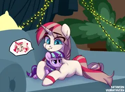 Size: 2918x2160 | Tagged: safe, artist:batavern, derpibooru import, starlight glimmer, oc, oc:dashka bun, pony, unicorn, blue eyes, bracelet, couch, cute, female, hooves, horn, hug, image, jewelry, lying down, mare, plushie, png, smiling, smug, solo