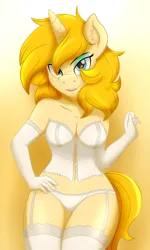 Size: 2161x3601 | Tagged: suggestive, artist:digiqrow, ponybooru import, oc, unofficial characters only, anthro, pony, unicorn, anthro oc, blonde, blonde hair, blonde tail, blue eyes, breasts, cleavage, clothes, evening gloves, female, garter belt, gloves, image, lingerie, long gloves, looking at you, mare, panties, png, socks, solo, solo female, stockings, thigh highs, underwear, white underwear