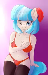 Size: 2256x3500 | Tagged: suggestive, artist:digiqrow, ponybooru import, coco pommel, anthro, earth pony, pony, art pack:pantiepalooza4, belly button, bra, breasts, clothes, ear fluff, ears, female, gradient background, image, mare, one eye closed, panties, png, solo, solo female, stockings, thigh highs, underwear, wink