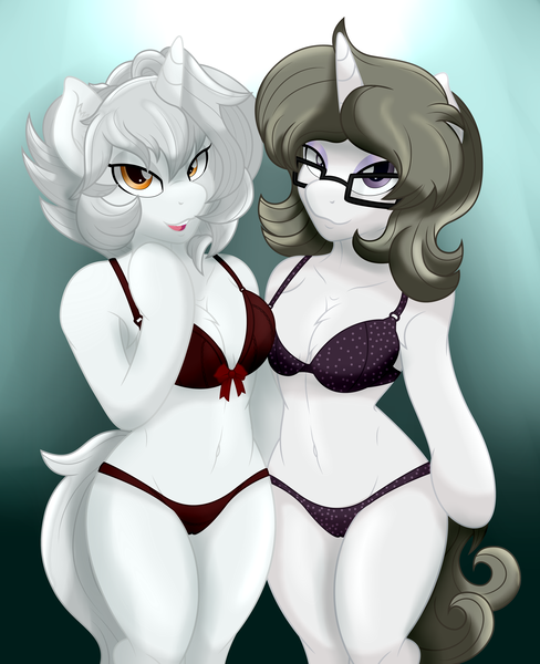 Size: 2926x3601 | Tagged: suggestive, artist:digiqrow, ponybooru import, oc, oc:solaria, oc:sunlight/sunny, unofficial characters only, pony, semi-anthro, unicorn, arm hooves, belly button, bra, breasts, cameltoe, chest fluff, cleavage, clothes, duo, duo female, female, females only, glasses, image, looking at you, mare, panties, png, underwear