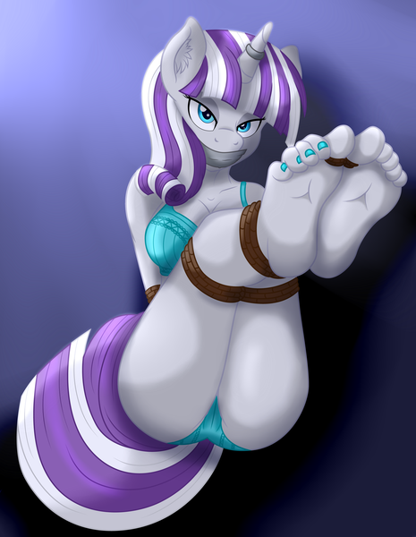 Size: 2791x3601 | Tagged: suggestive, artist:digiqrow, ponybooru import, twilight velvet, anthro, plantigrade anthro, bondage, bra, clothes, feet, female, fetish, foot fetish, gag, horn, horn ring, image, magic suppression, milf, nail polish, panties, png, ring, rope, soles, solo, solo female, tape, tape gag, toe tied, toenail polish, toes, underwear