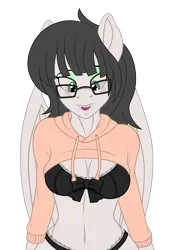 Size: 2084x2996 | Tagged: suggestive, artist:digiqrow, ponybooru import, oc, oc:silver sanction, unofficial characters only, anthro, bat pony, belly button, bra, breasts, clothes, fangs, female, glasses, image, panties, png, simple background, solo, solo female, sweater, sweater meme, transparent background, underwear, wings