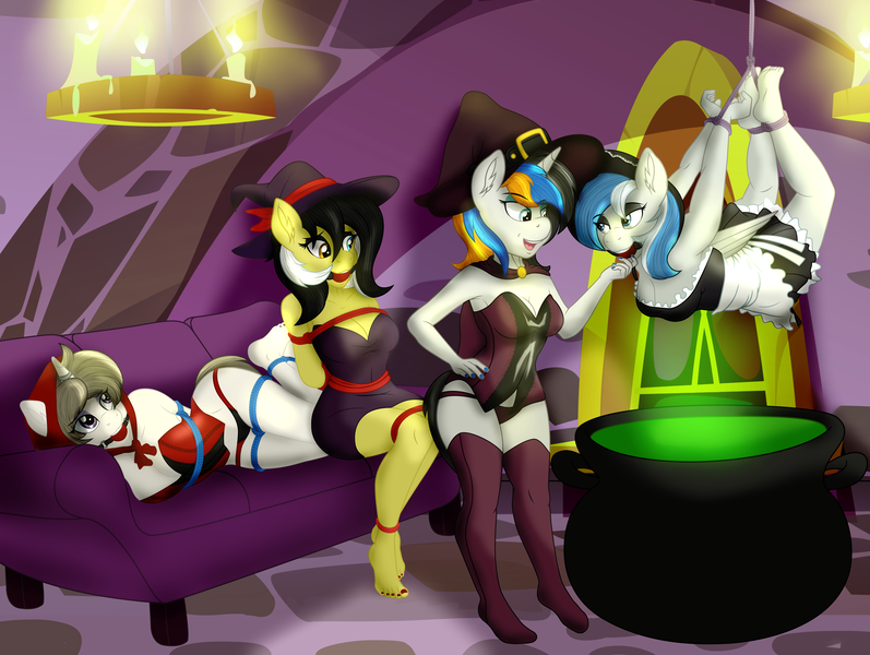 Size: 5993x4511 | Tagged: suggestive, artist:digiqrow, ponybooru import, oc, oc:nova marigold, oc:solaria, oc:winry, oc:zedwin, anthro, plantigrade anthro, ballgag, bondage, candle, cauldron, chandelier, clothes, costume, couch, feet, gag, hat, image, little red riding hood, magic, magic suppression, maid, png, rope, witch, witch costume, witch hat