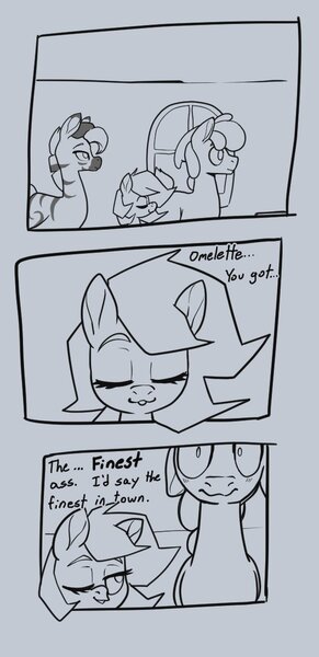 Size: 595x1227 | Tagged: safe, artist:storyteller, derpibooru import, oc, oc:iin, oc:omelette, oc:rowdy spout, unofficial characters only, earth pony, pegasus, pony, zebra, comic, dialogue, embarrassed, eyes closed, female, gray background, grayscale, image, jpeg, male, mare, monochrome, one eye closed, simple background, stallion, trio, zebra oc