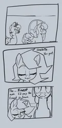 Size: 595x1227 | Tagged: safe, artist:storyteller, derpibooru import, oc, oc:iin, oc:omelette, oc:rowdy spout, unofficial characters only, earth pony, pegasus, pony, zebra, comic, dialogue, embarrassed, eyes closed, female, gray background, grayscale, image, jpeg, male, mare, monochrome, one eye closed, simple background, stallion, trio, zebra oc