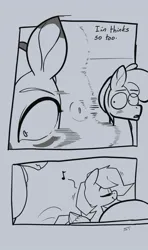 Size: 707x1197 | Tagged: safe, artist:storyteller, derpibooru import, oc, oc:iin, oc:omelette, oc:rowdy spout, earth pony, pegasus, pony, zebra, blushing, comic, dialogue, embarrassed, female, grayscale, image, jpeg, looking away, male, mare, monochrome, music notes, stallion, trio