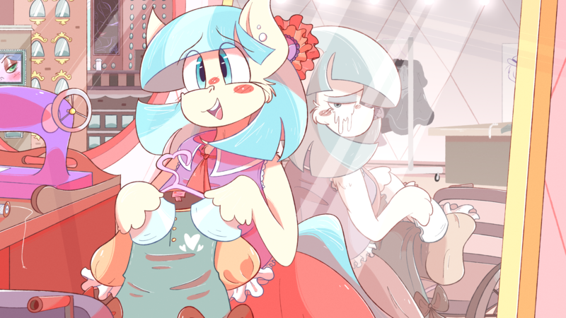 Size: 3840x2160 | Tagged: safe, artist:burgivore, derpibooru import, coco pommel, anthro, earth pony, arm hooves, clothes, crying, dress, duality, image, looking back, mirror, open mouth, open smile, png, reflection, sad, sewing machine, smiling, teary eyes