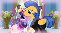 Size: 1024x559 | Tagged: safe, artist:velveagicsentryyt, derpibooru import, flash sentry, twilight sparkle, twilight sparkle (alicorn), alicorn, pony, clothes, deviantart watermark, dress, female, flashlight, image, jpeg, male, obtrusive watermark, shipping, straight, suit, watermark