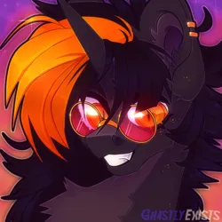 Size: 730x730 | Tagged: safe, artist:ghastlyexists, derpibooru import, oc, oc:hijinx, unofficial characters only, pony, unicorn, blaze (coat marking), bust, chest fluff, coat markings, ear fluff, ear piercing, eyelashes, facial markings, fangs, freckles, glasses, icon, image, looking at you, nonbinary, piercing, png, shading, shiny, simple background, smiling, solo, sunset, watermark