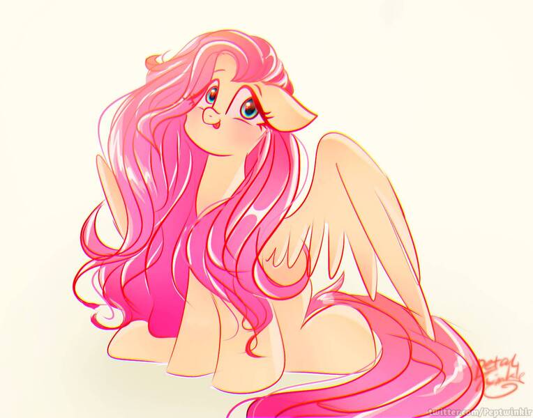 Size: 1368x1074 | Tagged: safe, artist:petaltwinkle, derpibooru import, fluttershy, pegasus, pony, blushing, cute, female, floppy ears, image, jpeg, looking at you, mare, shyabetes, simple background, sitting, smiling, smiling at you, solo, yellow background
