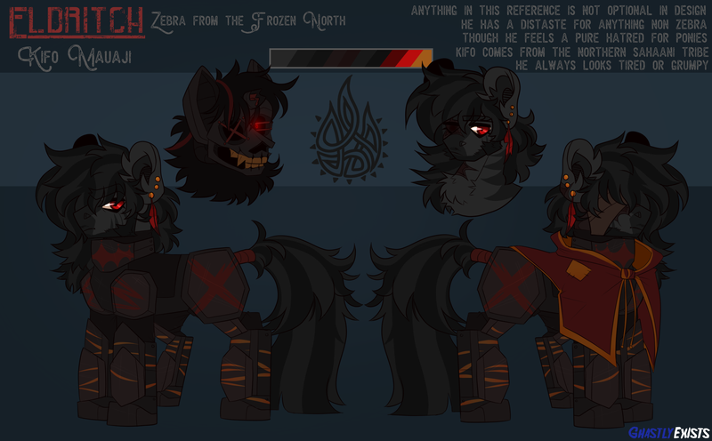 Size: 2282x1416 | Tagged: semi-grimdark, artist:ghastlyexists, derpibooru import, oc, oc:kifo mauaji, unofficial characters only, zebra, fallout equestria, armor, ashes town, bandage, bust, chest fluff, cloak, clothes, cutie mark, ear fluff, ear piercing, eye scar, facial scar, feather, glow, glowing eyes, helmet, image, long mane, long tail, looking at you, paint, piercing, png, red eyes, reference sheet, scar, simple background, solo, standing, stripes, tail, text, zebra oc