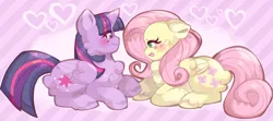 Size: 3600x1605 | Tagged: safe, artist:pillowbunnies, derpibooru import, fluttershy, twilight sparkle, twilight sparkle (alicorn), alicorn, pegasus, pony, blushing, cheek fluff, chest fluff, cute, eyes closed, female, heart, image, lesbian, lying down, open mouth, open smile, png, prone, shipping, shyabetes, smiling, twiabetes, twishy
