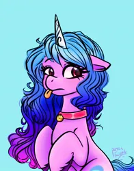 Size: 1074x1368 | Tagged: safe, artist:petaltwinkle, derpibooru import, izzy moonbow, pony, unicorn, behaving like a dog, blue background, collar, dog collar, female, g5, image, jpeg, mare, simple background, solo, tongue out