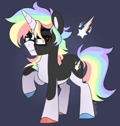 Size: 1282x1352 | Tagged: safe, artist:kaleido, derpibooru import, oc, oc:kaleido, unofficial characters only, pony, unicorn, cutie mark, glasses, heterochromia, image, lidded eyes, long mane, long tail, looking at you, male, messy mane, multicolored hair, png, rainbow hair, simple background, solo, stallion, standing, tail, unshorn fetlocks, watermark