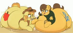 Size: 4096x1874 | Tagged: suggestive, artist:czu, derpibooru import, part of a set, braeburn, caramel, earth pony, pony, belly, belly on floor, big belly, blushing, braeblob, burger, carafat, chubby cheeks, clothes, duo, duo male, eating, fat, fat fetish, feeding, fetish, food, french fries, huge belly, image, jpeg, large butt, lying down, male, morbidly obese, obese, part of a series, prone, stallion, sweater, torn clothes, weight gain sequence