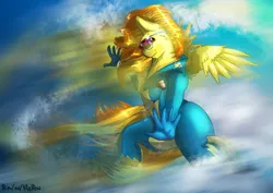 Size: 2455x1736 | Tagged: suggestive, artist:rainihorn, derpibooru import, spitfire, anthro, breasts, busty spitfire, clothes, cloud, image, png, spitfire's whistle, spread wings, sunglasses, uniform, whistle, wings, wonderbolts, wonderbolts uniform