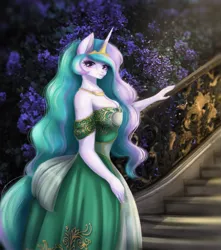 Size: 1085x1230 | Tagged: safe, artist:mdwines, derpibooru import, princess celestia, anthro, clothes, dress, fantasy, garden, image, medieval, png, solo, stairs