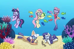 Size: 1105x723 | Tagged: safe, artist:mysteryshadow29, derpibooru import, fluttershy, rarity, twilight sparkle, bat, fish, hedgehog, pegasus, unicorn, amy rose, clam, clothes, dive mask, eyes closed, goggles, image, jpeg, one-piece swimsuit, pearl, rouge the bat, scuba gear, sonic the hedgehog (series), swimsuit, underwear