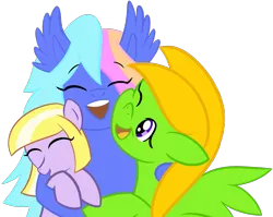 Size: 2457x1954 | Tagged: safe, artist:mraagh, derpibooru import, oc, oc:candy meow, oc:karina june, oc:maze, unofficial characters only, bat pony, earth pony, pegasus, pony, bat pony oc, bat wings, eyes closed, female, filly, foal, happy, hug, image, mare, one eye closed, png, simple background, transparent background, wings, wink