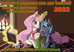 Size: 1400x986 | Tagged: safe, artist:grasspainter, derpibooru import, princess celestia, princess luna, alicorn, pony, bag, book, box, chocolate, christmas, clothes, contest, cup, cute, discord (program), drink, female, filly, fire, fireplace, foal, food, happy, hearth's warming eve, holiday, hot chocolate, image, levitation, lying down, magic, mug, open mouth, pink-mane celestia, png, pointy ponies, present, prone, royal sisters, rug, scarf, siblings, sisters, smiling, telekinesis, woona, wreath, younger