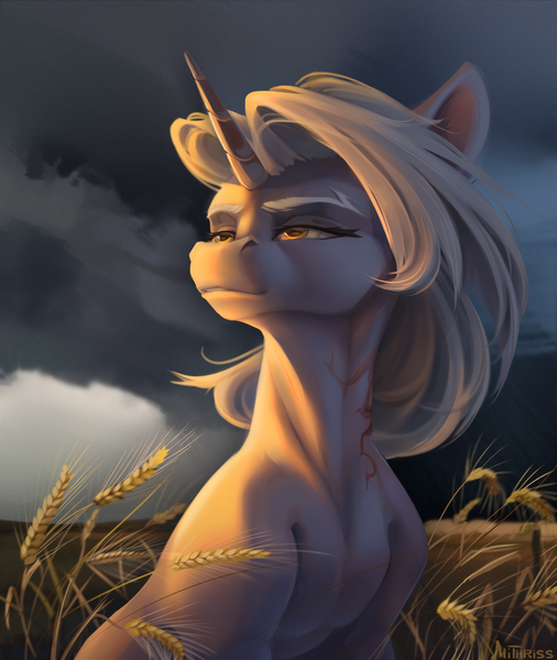 Size: 2700x3200 | Tagged: safe, artist:mithriss, derpibooru import, oc, unofficial characters only, pony, unicorn, female, field, food, image, mare, png, solo, thunderstorm, wheat, wind