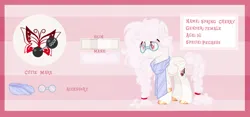 Size: 1280x598 | Tagged: safe, artist:selenavivacity, derpibooru import, oc, oc:spring cherry, unofficial characters only, pegasus, pony, braid, clothes, coat markings, colored hooves, colored pupils, female, frame, glasses, image, jpeg, mare, offspring, parent:bulk biceps, parent:fluttershy, parents:flutterbulk, pegasus oc, red eyes, reference sheet, scarf, socks (coat marking), solo, striped background, wings