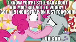 Size: 1920x1080 | Tagged: suggestive, derpibooru import, edit, edited screencap, screencap, marble pie, pinkie pie, best gift ever, caption, image, image macro, imminent sex, implied big macintosh, implied dildo, implied sex, incest, jpeg, pinkmarble, text, this will end in tears, twincest, twins