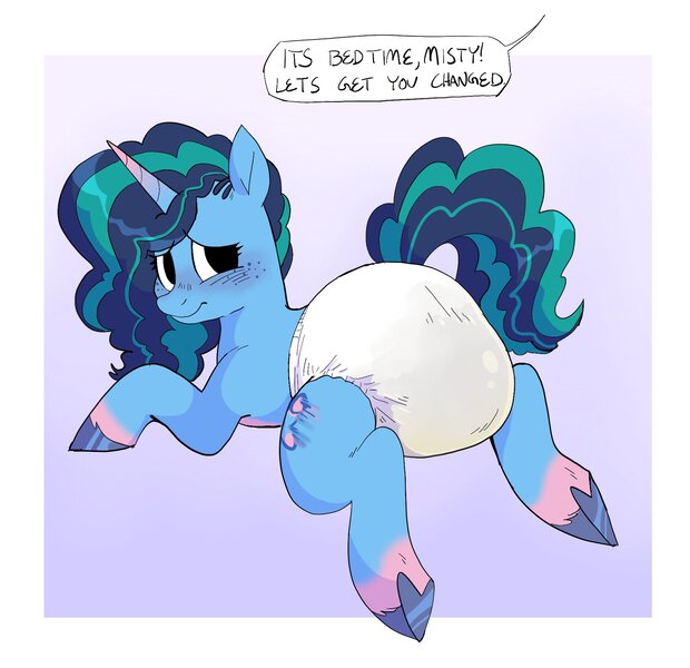 Size: 1756x1698 | Tagged: questionable, derpibooru import, pony, unicorn, g5, blushing, diaper, diaper fetish, female, fetish, image, jpeg, messy diaper, misty brightdawn, non-baby in diaper, simple background, solo