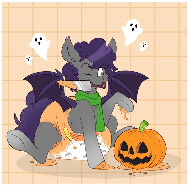 Size: 1200x1187 | Tagged: questionable, derpibooru import, oc, bat pony, pony, diaper, diaper fetish, fetish, halloween, holiday, image, jack-o-lantern, jpeg, knife, non-baby in diaper, pooft diaper, pumpkin, solo
