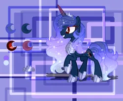 Size: 1280x1049 | Tagged: safe, artist:selenavivacity, derpibooru import, oc, oc:crescent moon, unofficial characters only, alicorn, pony, abstract background, alicorn oc, colored horn, colored pupils, crown, ethereal mane, female, hoof shoes, horn, image, jewelry, jpeg, magical threesome spawn, mare, mascara, parent:princess luna, parent:tempest shadow, parent:trixie, peytral, reference sheet, regalia, solo, wings