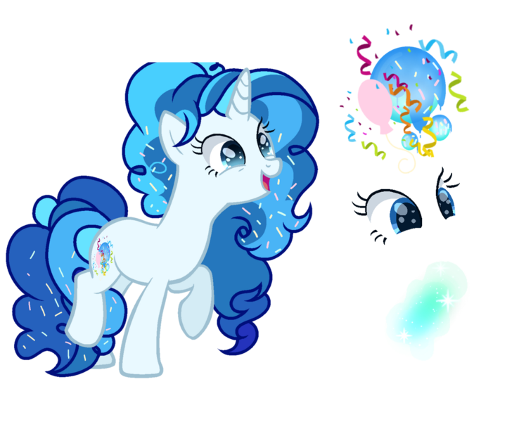 Size: 1280x1040 | Tagged: safe, artist:selenavivacity, derpibooru import, oc, oc:summer bluberry balloon, unofficial characters only, pony, unicorn, confetti, cutie mark, female, horn, image, magic, magic aura, mare, offspring, parent:party favor, parent:pinkie pie, parents:partypie, png, ponytail, reference sheet, simple background, solo, transparent background, unicorn oc