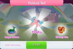 Size: 1266x857 | Tagged: safe, derpibooru import, idw, official, crackle, firefly, pegasus, pony, bow, bundle, clothes, costs real money, costume, disguise, english, female, g1, g4, gameloft, idw showified, image, jpeg, mare, numbers, sale, solo, solo focus, spread wings, tail, tail bow, text, wings