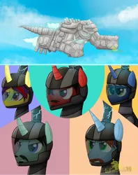 Size: 2048x2587 | Tagged: safe, artist:lordshrekzilla20, derpibooru import, oc, oc:cross heart, oc:moonshadow, oc:peaky blossom, oc:rotor wrench, oc:shatter heart, robot, unicorn, fanfic:a king to a god, fanfic art, godzilla (series), image, jpeg, mecha, mechagodzilla